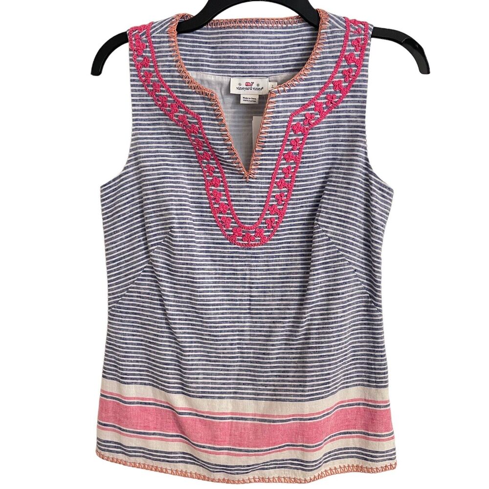 Vineyard Vines Embroidered Top Womens Size 2 Coastal Side Zip Lined‎ Sleeveless